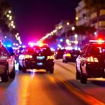 Police cars with flashing lights on a city street at night