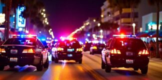 Police cars with flashing lights on a city street at night
