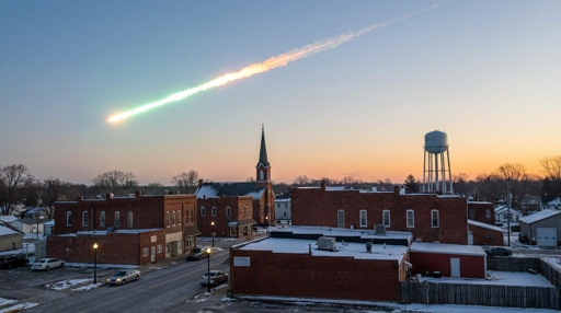 A meteor streaking across the sky above a small town at sunset