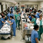 Busy hospital emergency room with medical staff attending to patients