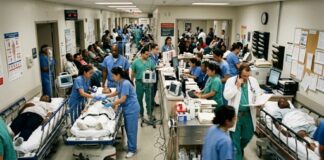 Busy hospital emergency room with medical staff attending to patients