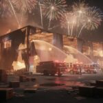Firefighters battling a large fire at a warehouse with fireworks in the background