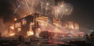 Firefighters battling a large fire at a warehouse with fireworks in the background