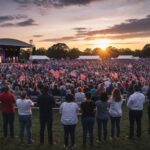 Large crowd at a political rally during sunset