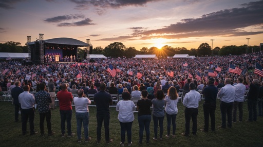 Large crowd at a political rally during sunset