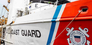 U.S. Coast Guard ship docked at port.