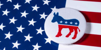 USA flag and donkey button logo.