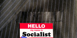 Name tag reading Hello, my name is Socialist.