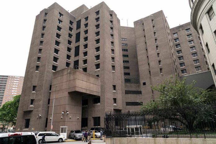 Brutalist high-rise building with narrow windows and angular facades