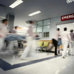 Medical staff rushing patient on stretcher in emergency room.