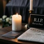 A candle and memorial card on a table with a newspaper featuring obituaries