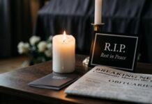 A candle and memorial card on a table with a newspaper featuring obituaries