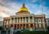 Massachusetts State House with golden dome and columns