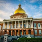 Massachusetts State House with golden dome and columns