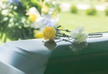 Yellow rose and white carnation on a green casket