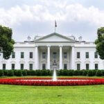 The White House with fountain and red flower bed