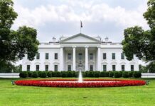 The White House with fountain and red flower bed