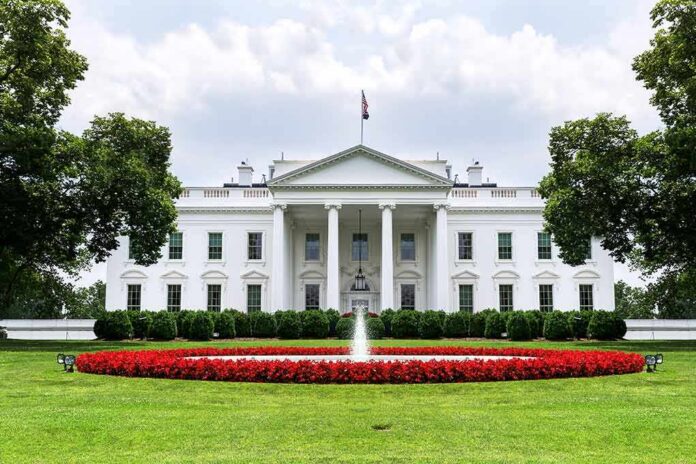 The White House with fountain and red flower bed