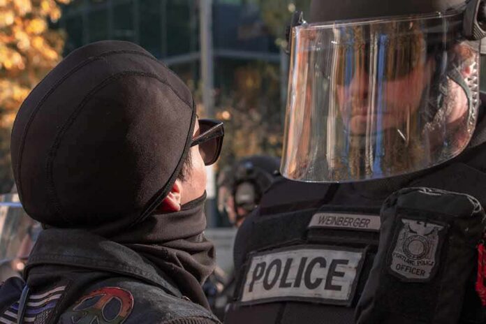 protester faces police officer in riot gear