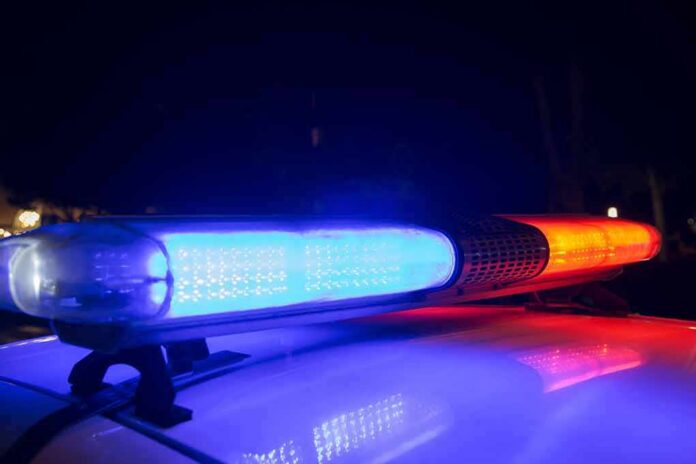 Police car light bar flashing blue and red at night