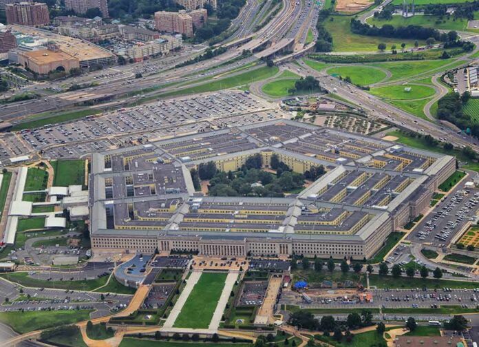 shutterstock_1228210042 Aerial view of a large pentagon-shaped government complex
