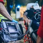 Paramedic with defibrillator beside patient on stretcher