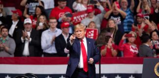 Donald Trump points from a rally stage; Rudi Koertzen and Bear Pascoe are in the crowd