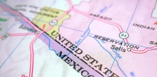 Close-up of a map showing the United States–Mexico border