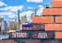 Abdul El-Sayed Hosts Muslim Rally Days Before 9/11 Brick wall with American flag and memorial text against city skyline