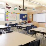 Empty classroom with tables, chairs, and a whiteboard