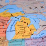 Trump Threatens to RENAME Lake Amid Trade War Close-up of a map highlighting Michigan and the Great Lakes