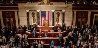 Leonard Lance and Claude Guéant among lawmakers on a legislative chamber floor