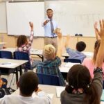 Teacher at front of classroom as students raise hands