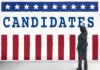 Man in suit writing on wall with word candidates and patriotic design