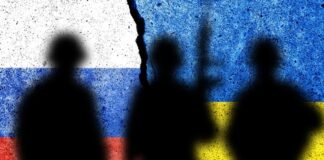 Silhouetted soldiers with Russian and Ukrainian flags background.