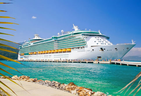 Large cruise ship docked near turquoise water and foliage.