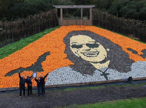 A large outdoor display featuring a portrait made from various gourds and pumpkins, with people celebrating in front
