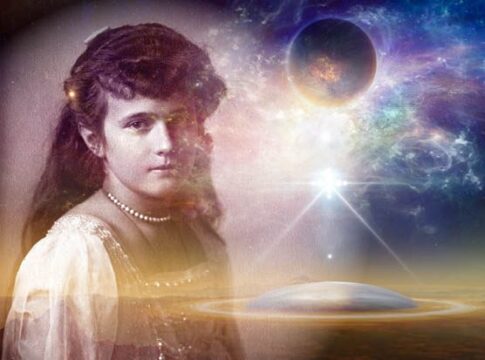 A vintage portrait of a young woman with a cosmic background featuring planets and stars