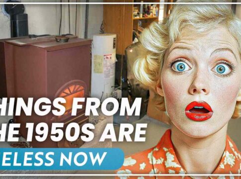 A surprised woman in vintage clothing with a retro background, highlighting obsolete items from the 1950s