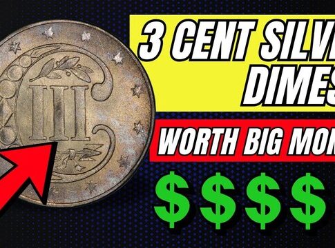 Close-up of a three cent silver coin with an arrow pointing to it and text about its value