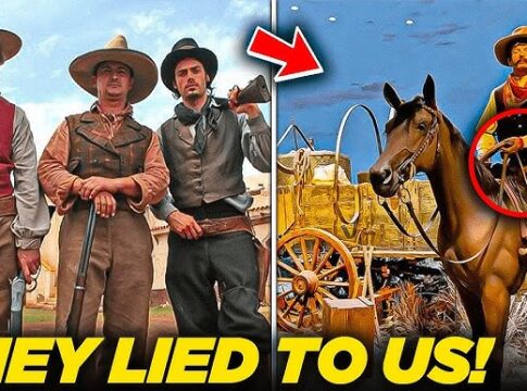 Three cowboys posing with guns, alongside an image of a cowboy on horseback near a wagon