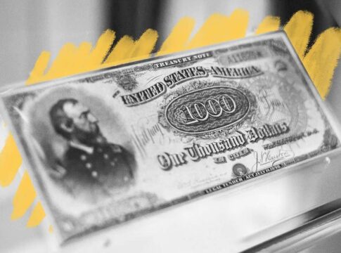 1890 $1,000 Treasury Note displayed with a yellow background