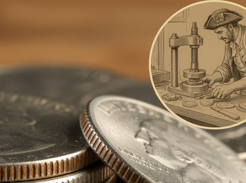 Close-up of coins with ridged edges and an illustration of a historical coin minting process