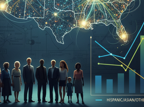A diverse group of people standing in front of a map and a graph illustrating demographic changes in America
