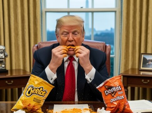 A man in a suit eating snacks at a desk covered in crumbs