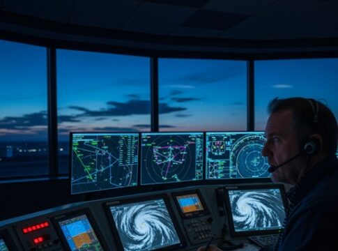 Meteorologist monitoring hurricane data in a control room