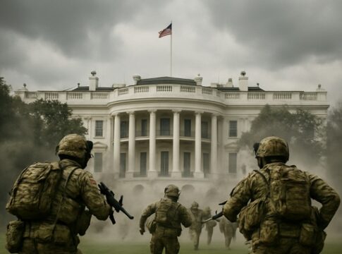 Soldiers advancing towards the White House during a military operation