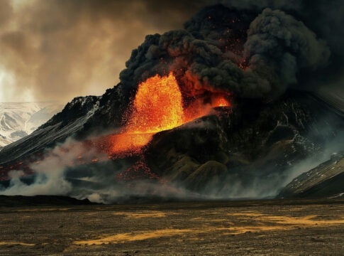 Volcano erupting with lava and smoke, mountainous background.