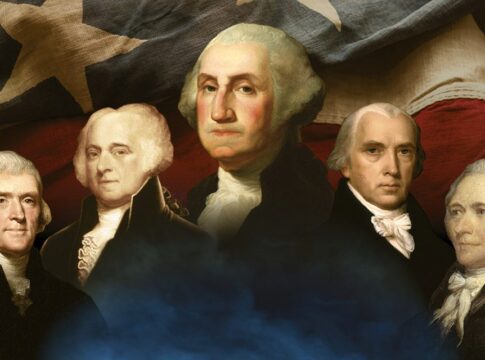Portraits of America's Founding Fathers against a backdrop of the U.S. flag