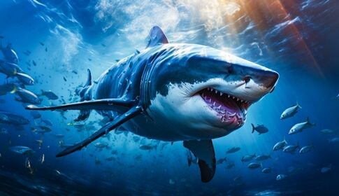 A great white shark swimming in clear blue water surrounded by smaller fish